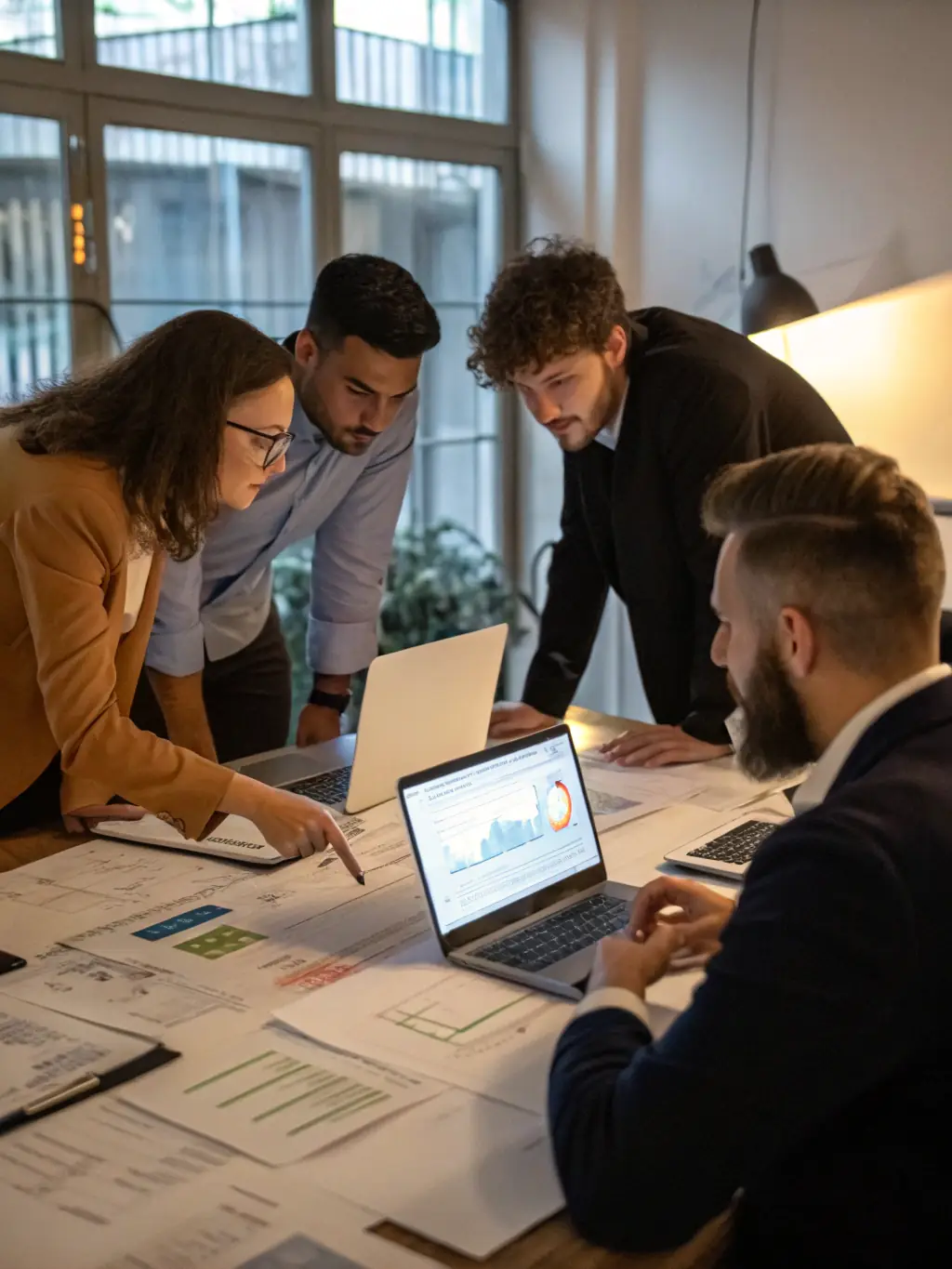 A team analyzing operational data on laptops and tablets, identifying areas for process improvement and efficiency gains in a bustling office environment.