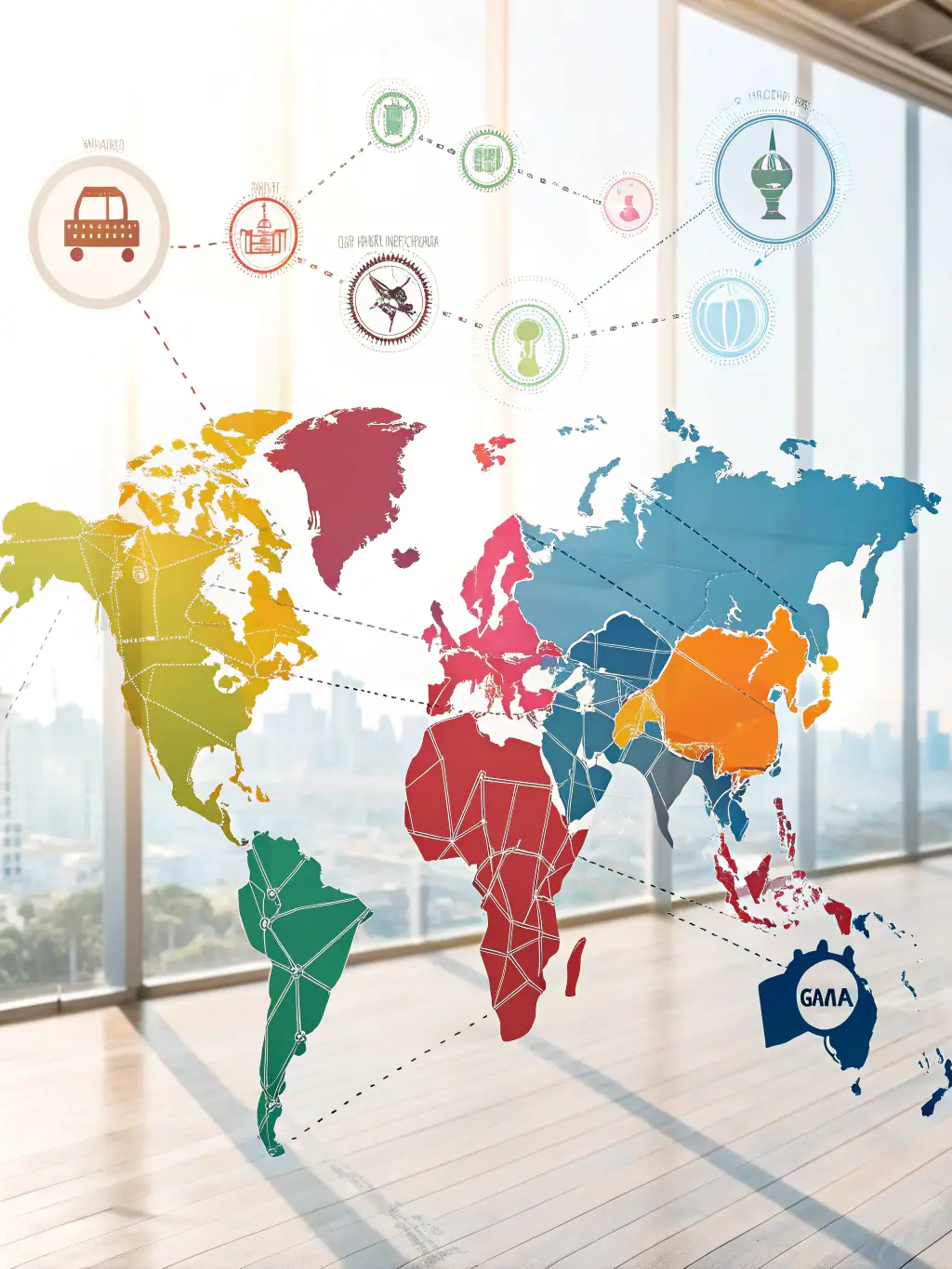 A world map highlighting different regions, with arrows indicating expansion routes, symbolizing market expansion.