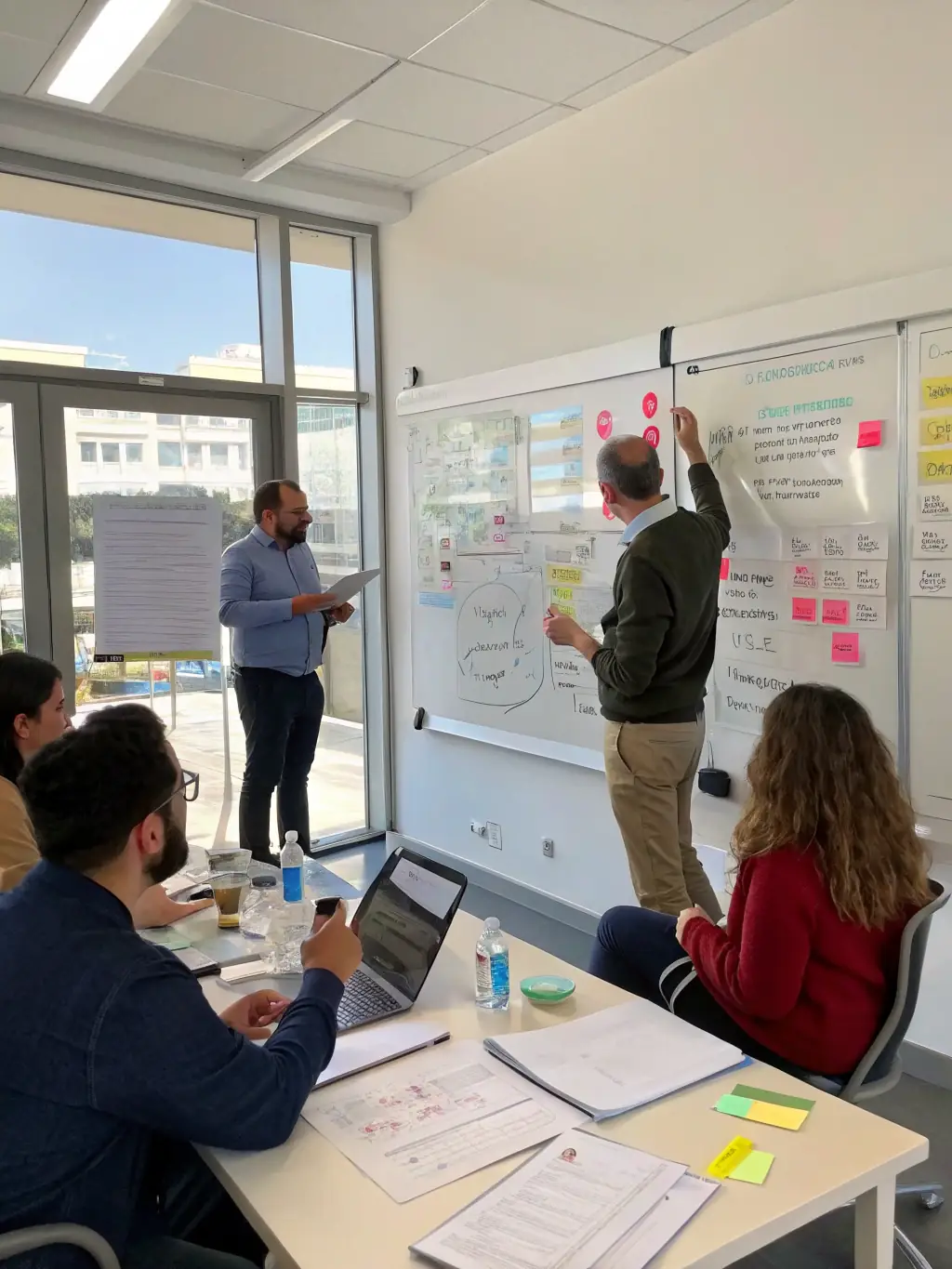 A professional photo of a pricing strategy meeting, with consultants analyzing data and discussing pricing models on a whiteboard, in a modern office setting.