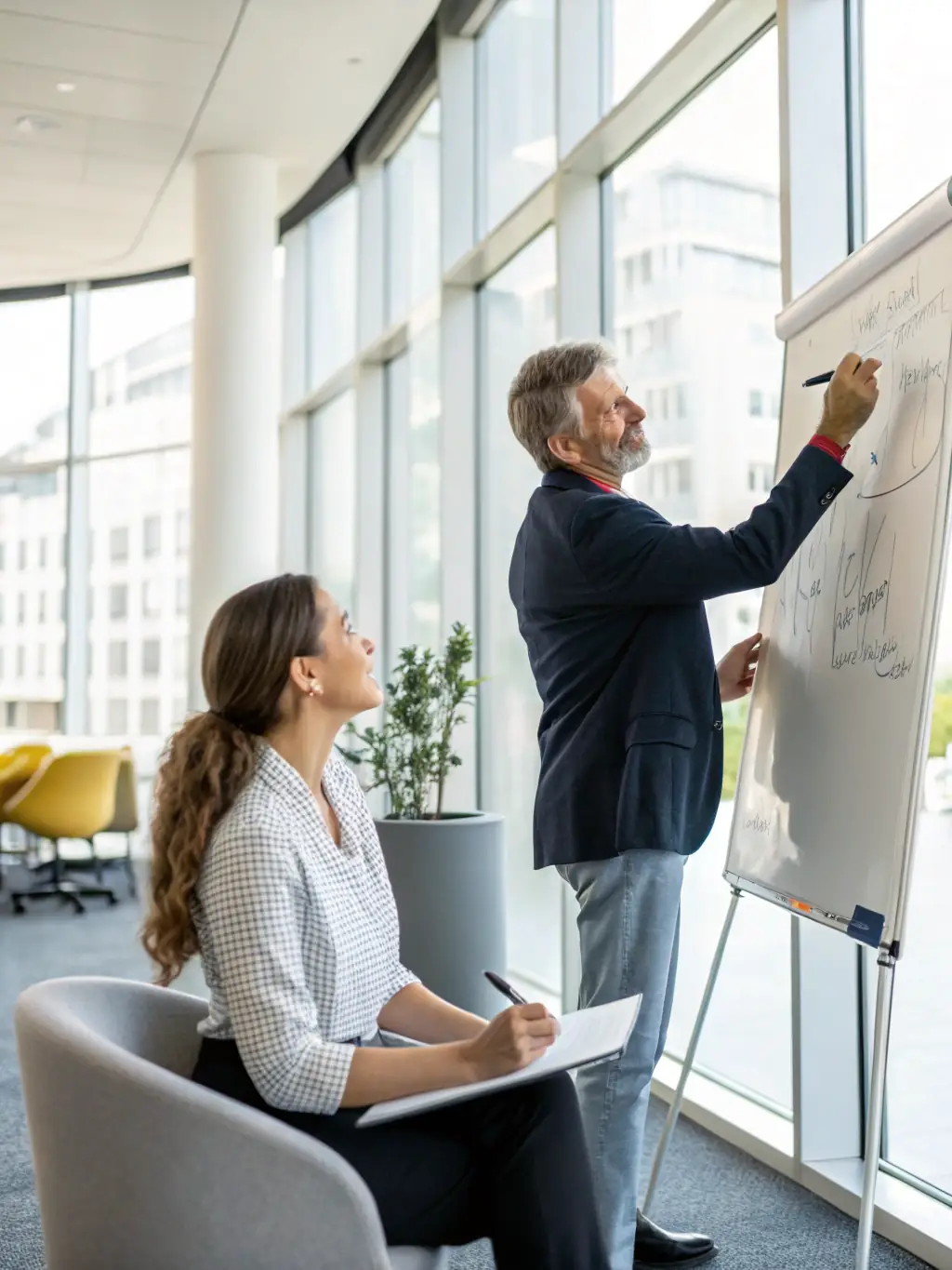 An image of a consultant presenting a growth strategy to a client, highlighting key performance indicators and revenue projections.