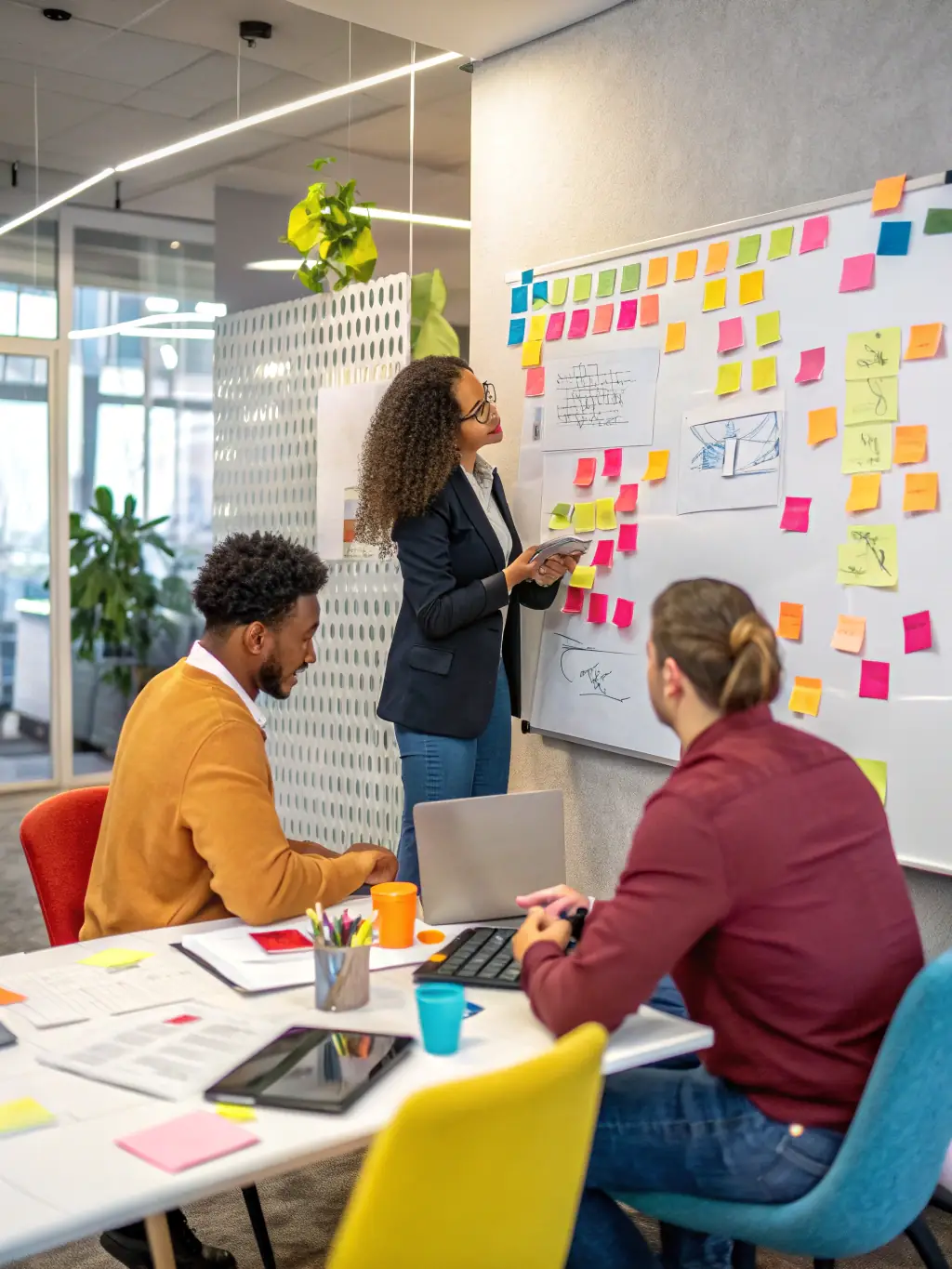 A diverse team brainstorming ideas in a modern office, representing collaborative problem-solving and innovation.