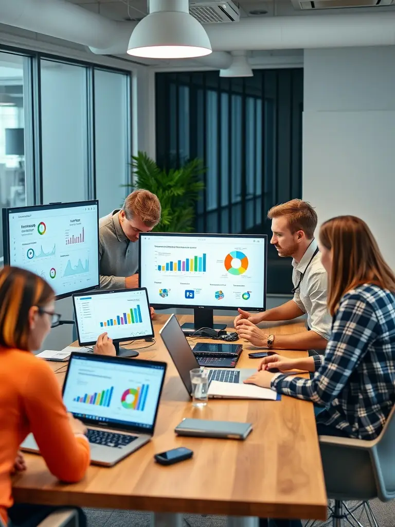A digital marketing team collaborating on a campaign, analyzing data and optimizing strategies on multiple screens in a modern marketing agency setting.