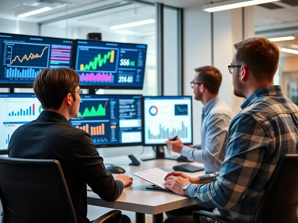 A digital marketing team collaborating on a campaign, reviewing analytics dashboards and discussing strategies for online engagement and growth.