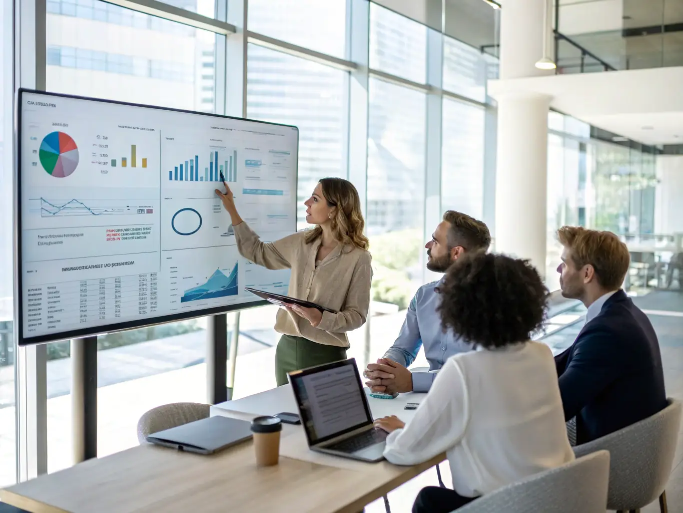 A team analyzing operational data and process flows on a whiteboard in a brightly lit office, focusing on efficiency and optimization.
