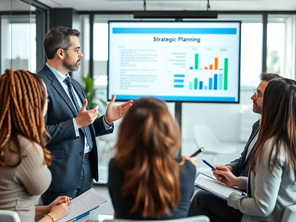 A consultant leading a strategic planning session with a diverse team in a modern Australian office, emphasizing collaboration and forward-thinking.