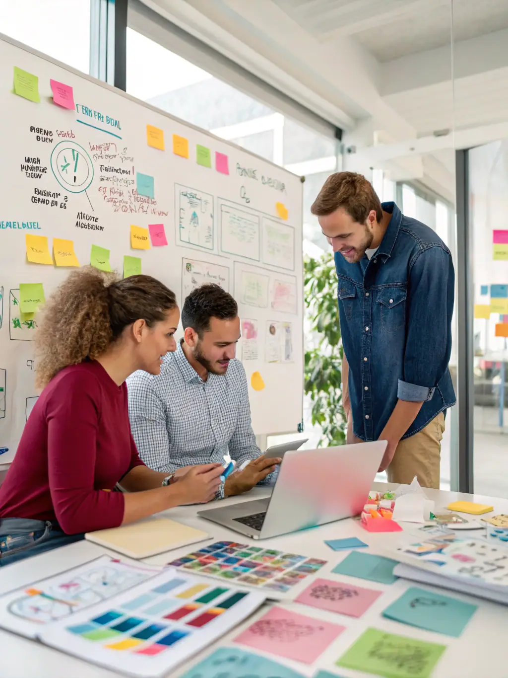 A brainstorming session with team members sketching new product ideas on a whiteboard, illustrating product development. The atmosphere is collaborative and innovative.