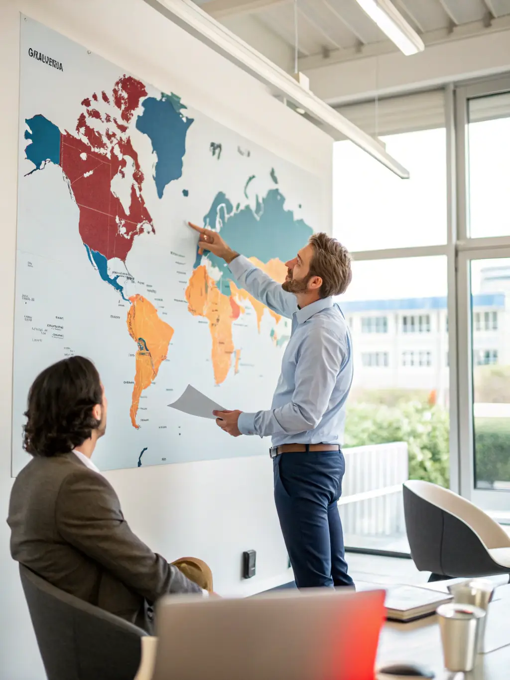 A world map with pins highlighting different geographical locations, representing market development. The map is displayed on a large screen in a conference room.
