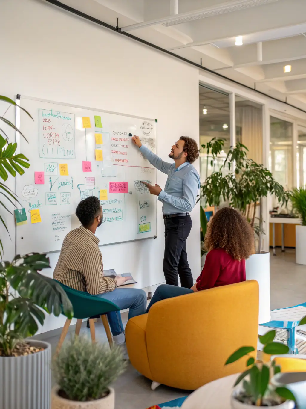 A consultant leading a strategic planning session with a diverse team, brainstorming ideas on a whiteboard in a modern office setting, emphasizing collaboration and forward-thinking.