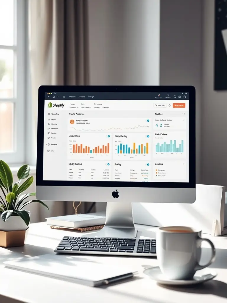 A professional photograph of a well-structured Shopify store dashboard, showcasing key metrics and sales data, emphasizing the platform's user-friendly interface and e-commerce capabilities.