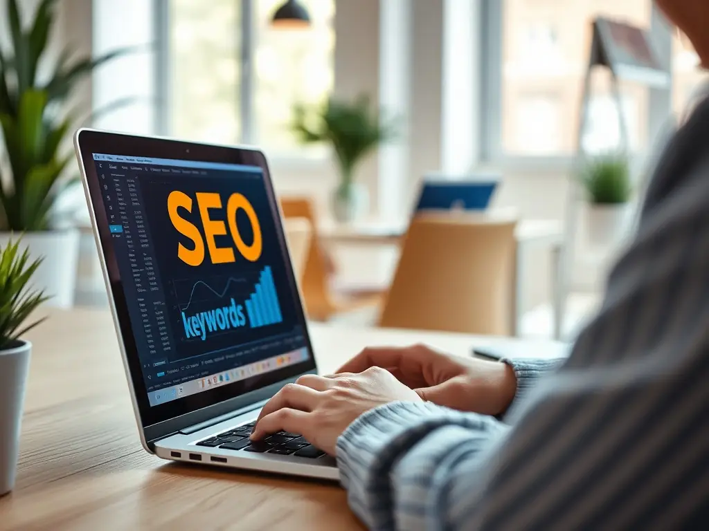 A content writer working on a laptop with SEO analytics on the screen, symbolizing GrowthSmith's SEO and content creation services.