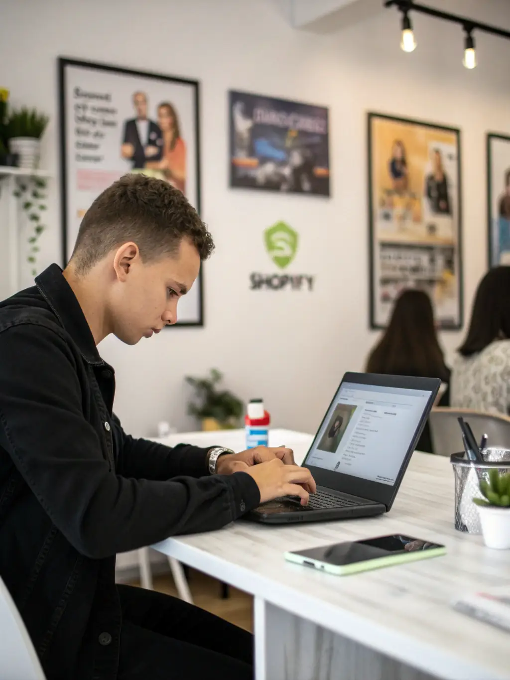 A professional photograph of a newly built Shopify store's homepage on a desktop computer, showcasing a clean and modern design with high-quality product images.