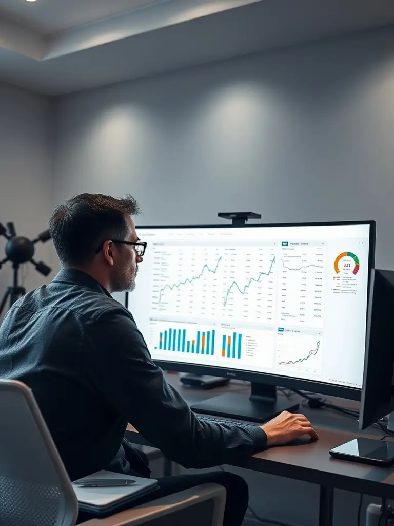 A focused digital marketing expert is meticulously analyzing Google Ads data on a dashboard, showcasing GrowthSmith's data-driven approach to campaign optimization.